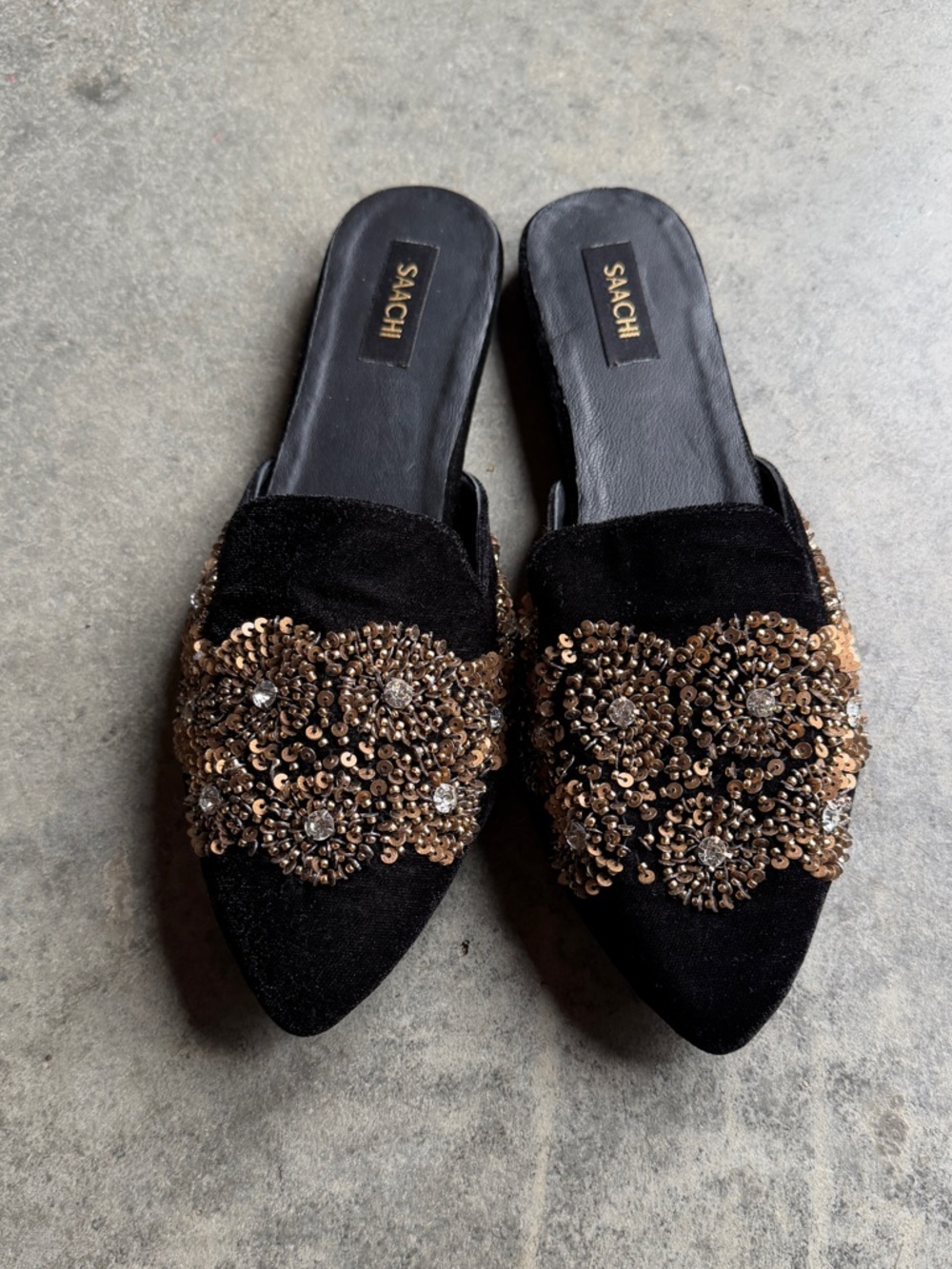 SAACHI Black Slip-On Mules with Gold Sequin Floral Embellish